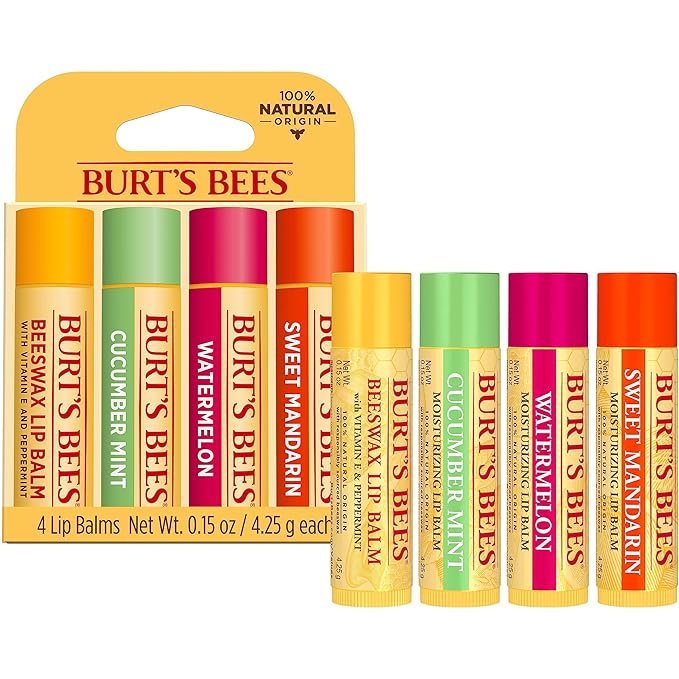 Burt's Bees Lip Balm - Original Beeswax, Cucumber Mint, Watermelon & Sweet Mandarin, With Responsibly Sourced Beeswax, Tint-Free, Natural Origin Treatment, 4 Tubes, 0.15 oz. (Pack of 12)