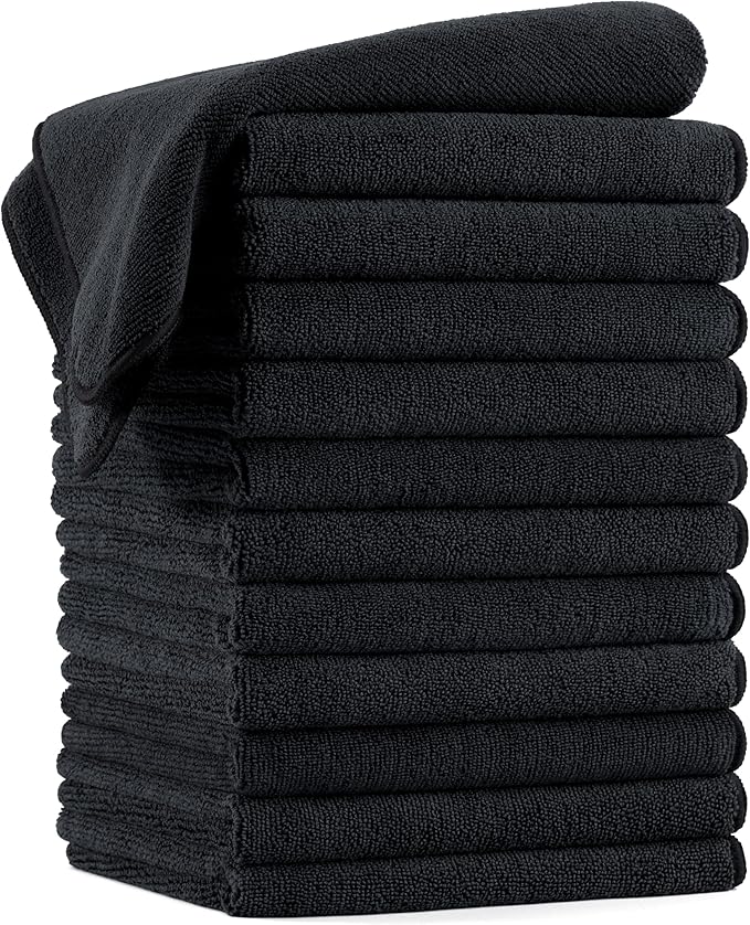 POLYTE Professional Quick Dry Lint Free Microfiber Hair Drying Salon Towel, 16 x 29 in, 12 Pack (Black)