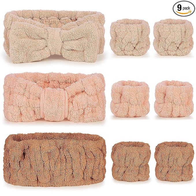 DiyJibb 9 Pcs Spa Headband for Washing Face,Skincare Headband and Wristband Set,Women Teen Girls Facial Hairbands for Washing Face, Makeup, Sports, Yoga (orange red + khaki + dark khaki)