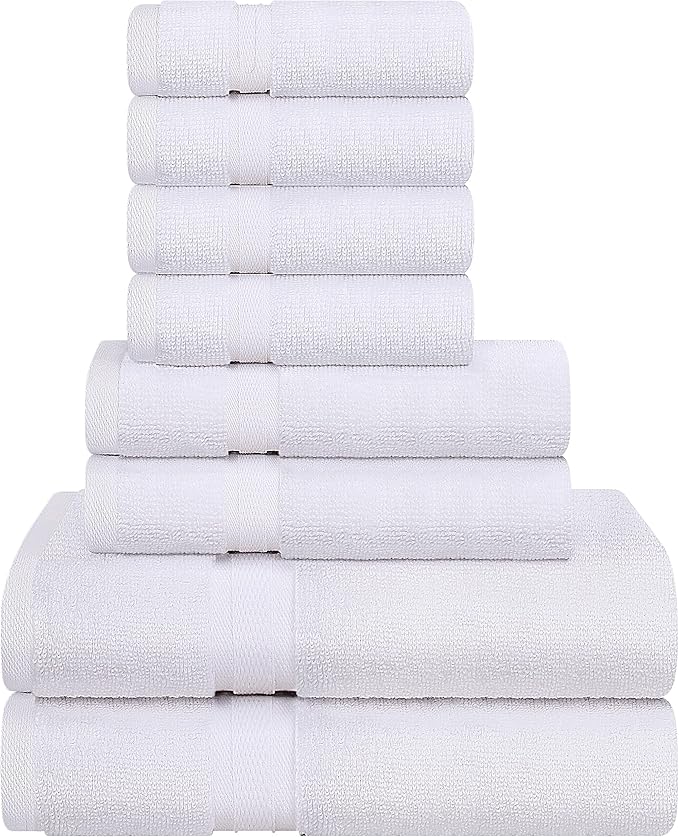 Towel and Linen Mart White Towel Sets, 2 Bath Towels 2 Hand Towels and 4 Washcloths 2 Ply Low Twist 600 GSM Ring Spun Highly Absorbent for Bathroom Hotel Shower Towel (8 Pack)