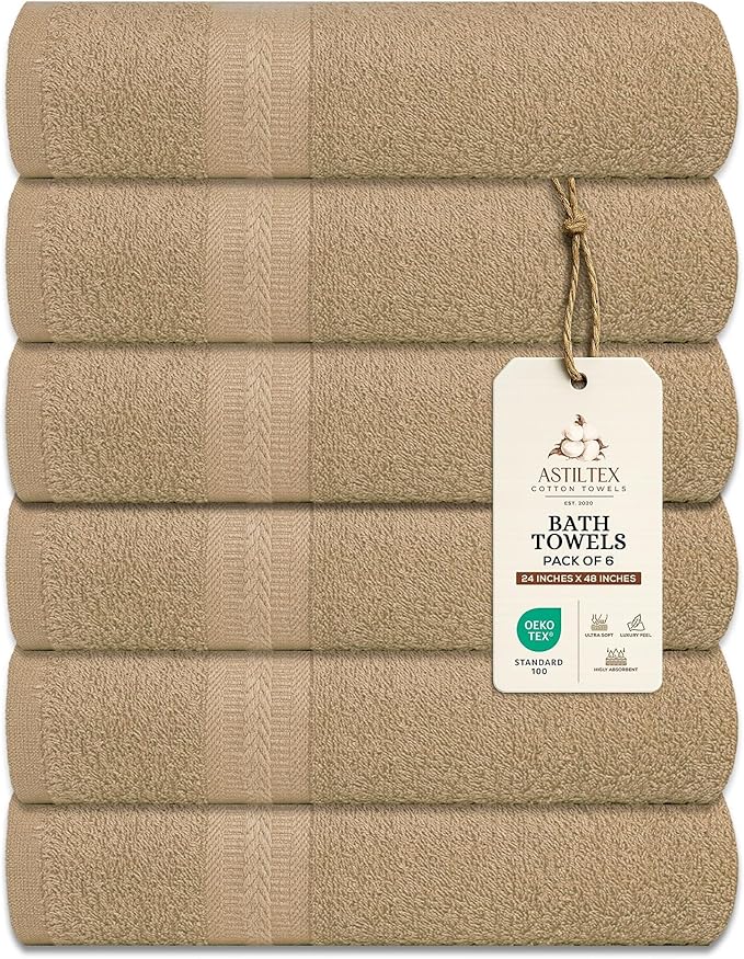 Medium Bath Towels Pack of 6 – 24x48 Inches – Soft, Quick Dry & Highly Absorbent – 100% Cotton Towels for Bathroom, Spa, Gym & Hotel – Beige