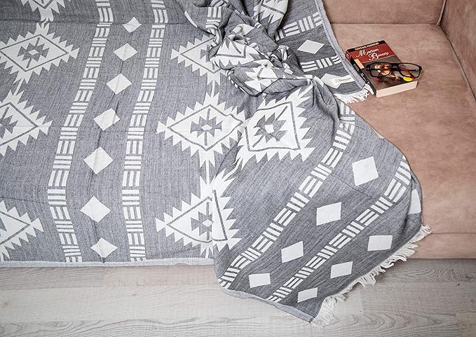 Bersuse 100% Cotton Belize XL Throw Blanket Turkish Towel Beach Blanket - Beach Camping Essentials - 75x90 Inches, Black