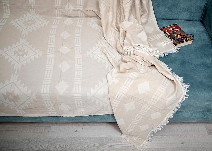 Bersuse 100% Cotton Belize XL Throw Blanket Turkish Towel Beach Blanket - Beach Camping Essentials - 75x90 Inches, Beige