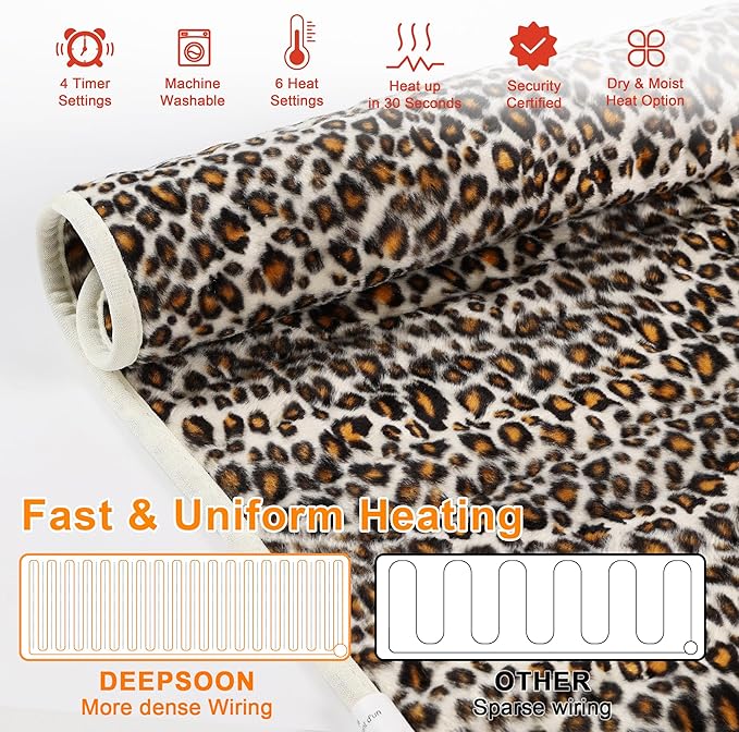 Deepsoon Heating Pad,Electric Heating Pads for Back,Neck,Moist Heating Pad for Abdomen Shoulder Knee Legs,Dry/Moist Heat&Auto Shut Off,Mother's Day Birthday for Men and Women,Leopard Print,24x12 Inch