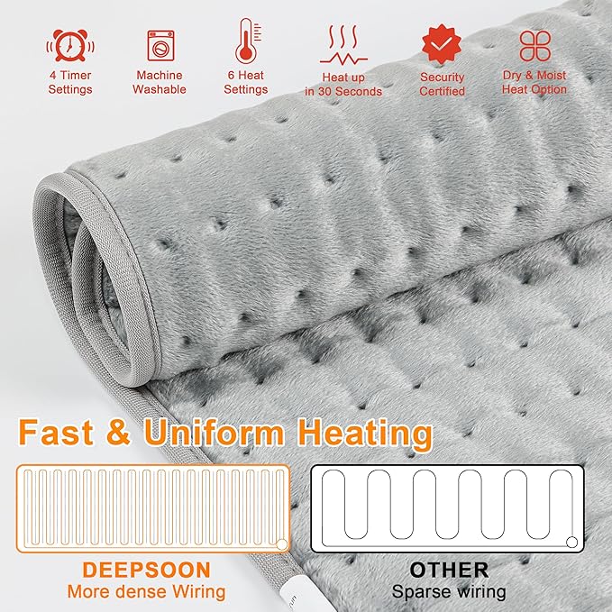 Deepsoon Heating Pad,Electric Heating Pads for Back,Neck,Moist Heating Pad for Abdomen Shoulder Knee Legs,Dry/Moist Heat&Auto Shut Off,Mother's Day Birthday for Men and Women,Silver,24x12 Inch