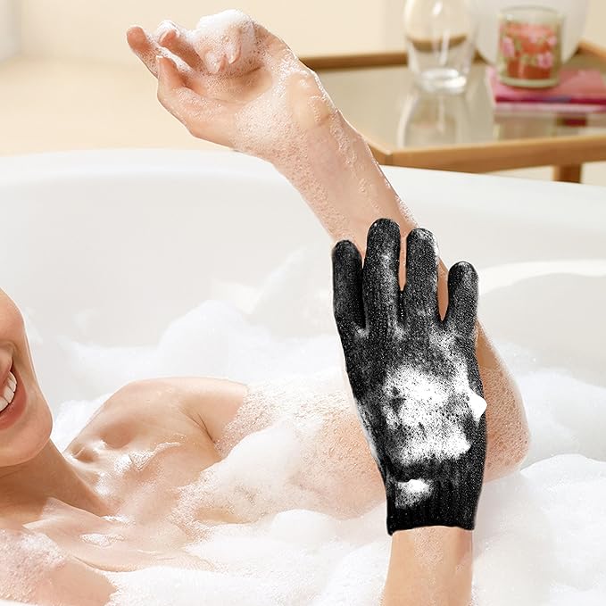 MIG4U Exfoliating Shower Gloves for Bath,6 Pairs Premium Nylon Body Wash Bathing Gloves for Men Women Spa, Massage and Skin Scrub, Dead Skin Remover with Hanging Loop, Black, Regular Size