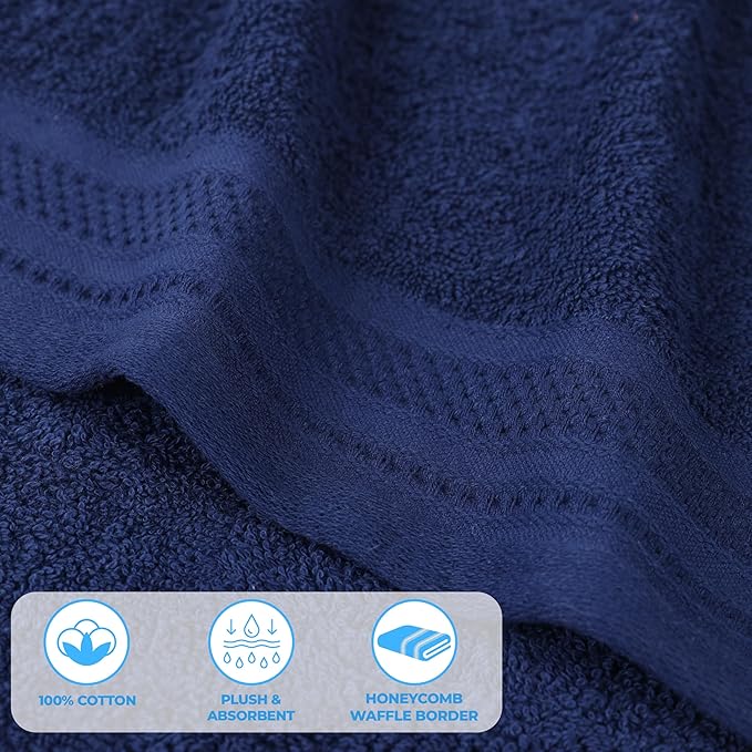 Superior Honeycomb 100% Cotton 500 GSM 12 Piece Bath Towel Set, 6 Washcloths, 4 Hand, 2 Bath Towels, Ideal for Bathroom, Kitchen or Beach, Quick Dry, Jacquard and Solid, Mid-Weight, Navy Peony