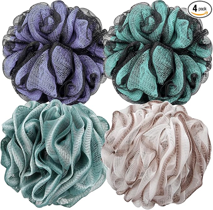 DadyMart Bath Shower Loofah Sponge 60g Bath Mesh Pouf Shower Ball Body Scrubber Exfoliating Bath Sponge for Women and Men, Set of 4, Colorful Grey
