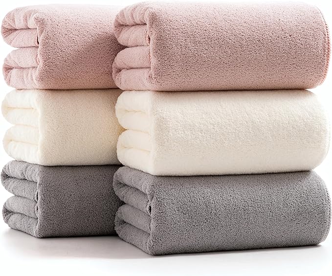 sakano 6-Piece Colorful Microfiber Bath Towel Set - Fast-Drying, Super Absorbent & Non Shedding Towels for Family, Gym, Spa and Salon -White+Pink+Light Gray, 28x55 Inches