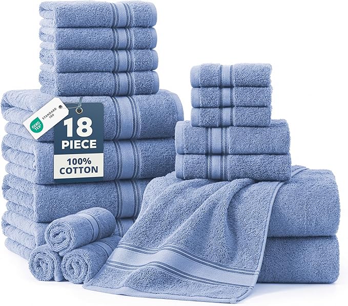 LANE LINEN Bathroom Towels Set of 18 – Zero Twist, 100% Mercerized Cotton Towel, 6 Bath, 6 Handtowel & 6 Washcloths, Luxury Hotel Design, Perfect for Salon & Guests, Machine Washable – Cerulean Blue