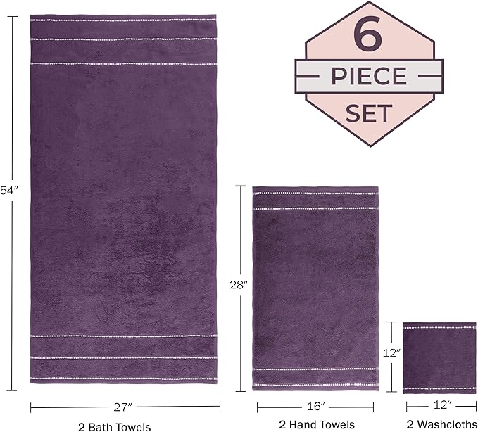 Lavish Home 6 Piece Bathroom Towels Set - 525GSM 100% Cotton Bathroom Essentials - 2 Bath Sheets, 2 Hand Towels, and 2 Wash Cloths for Bath, Shower, Gym, Spa, and Dorm Room (Eggplant)