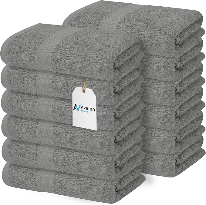 Avalon Towels Bath Towels for Bathroom 100% Cotton Silver Bathroom Towels Pack of 12 (24x48 inches) - Quick Drying Bath Towels Set Small, Light Weight & Absorbent Perfect Gym & Pool Towel Set