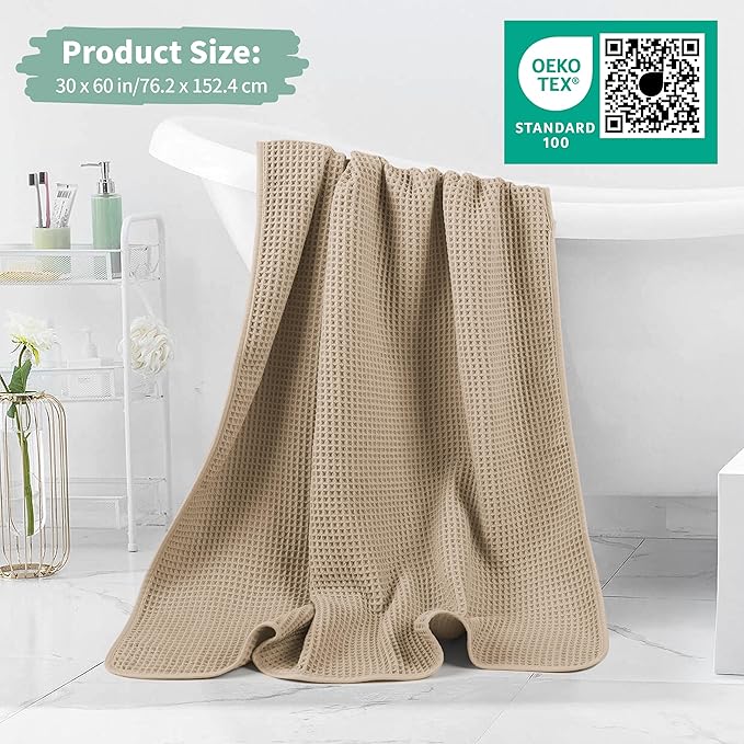 MICROFI New Microfiber Waffle Bath Towels, 2 Pieces, Oversized, Soft, Absorbent, Fast Drying, Lint Free 430 GSM (Beige+White)