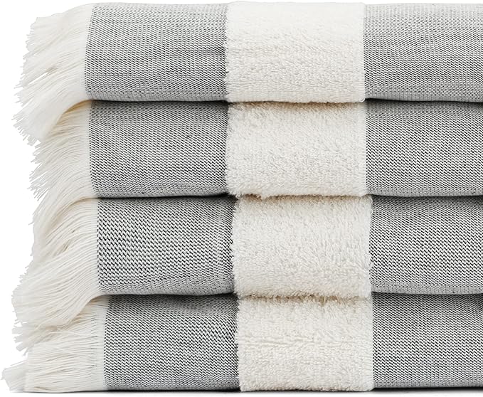 Lightweight Turkish Beach Towel - 100% BCI Cotton, Unbleached Raw Fringe, Oeko-TEX Certified, Absorbent, Eco-Friendly, 36x66”, Black & Natural Stripes, Portable Sarong Blanket for Pool, Travel