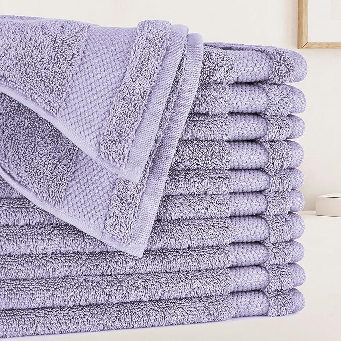 BIOWEAVES 100% Organic Cotton 700 GSM Plush Premium Washcloths 13" x 13" GOTS Certified, Face Towels Perfect for Home & Bathroom - Lavender, Pack of 12
