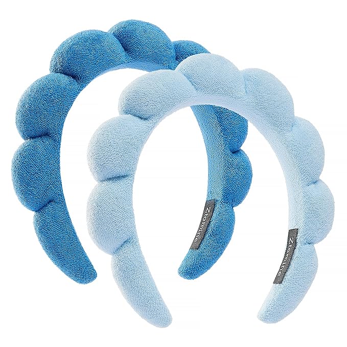 Spa Face Washing Headbands Set - 2 Terry Cloth Makeup Headbands, Combo Pack for Facial Skincare, Face Masks (Dark Blue + Light Blue)