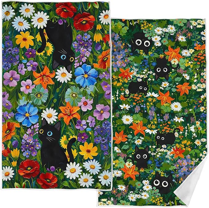 Accnicc 2 Pack Black Cat Bathroom Hand Towels Decorative Green Plant Daisy Floral Dish Kitchen Towel 16x27 Inch Cute Botanical Absorbent Soft Microfiber Bath Towels Hotel Spa
