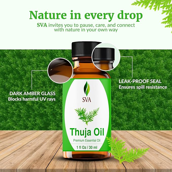 SVA Thuja Essential Oil – 1 Fl Oz – 100% Natural Thuja Oil - for Diffuser, Hair Care, Face, Skin Care, Aromatherapy, Scalp and Body Massage, Soap and Candle Making - with Dropper