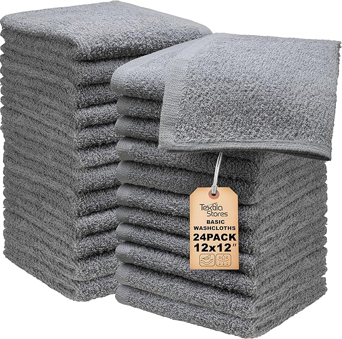 Basic Wash Cloths 12x12 Inches – Bulk Pack of 24 – Grey Color – Soft and Absorbent Multipurpose Cotton Washcloths for Bathroom, Spa, Gym, Salon, Hotel, and Everyday Use