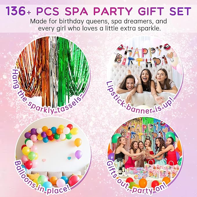 159Pcs Spa Party Supplies Set–12 Complete Spa Kits with Face/Lip/Eye/Hand/Foot Care + Birthday Party Essentials(Banner,Balloons,Curtains)–Perfect for Birthdays,Sleepovers,Slumber Parties & Relaxation
