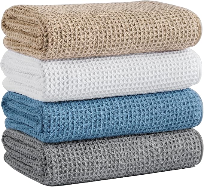 Microfiber Waffle Bath Towels, 4 Pieces, Soft, Absorbent, Fast Drying, Lint Free 430 GSM (Beige+Gray+Blue+White)