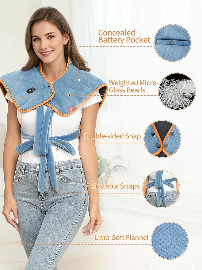 Vofuoti Heating Pad for Neck and Shoulders,12V Portable Cordless Heating Pads with 15000mAh Battery and Massager, Weighted Electric Heated Neck Shoulder Wrap 3 Heat Settings, Gifts for Women Men