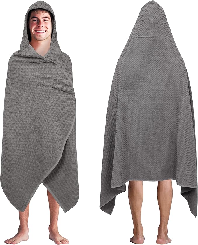 COTTON CRAFT Hooded Bath Towel – Oversized 35 x 70 Waffle Weave Towel with Hood for Adults - 100% Ringspun Cotton Pool Bath Sheet Wrap with Hood - Soft Super Absorbent Quick Dry – 450 GSM – Grey