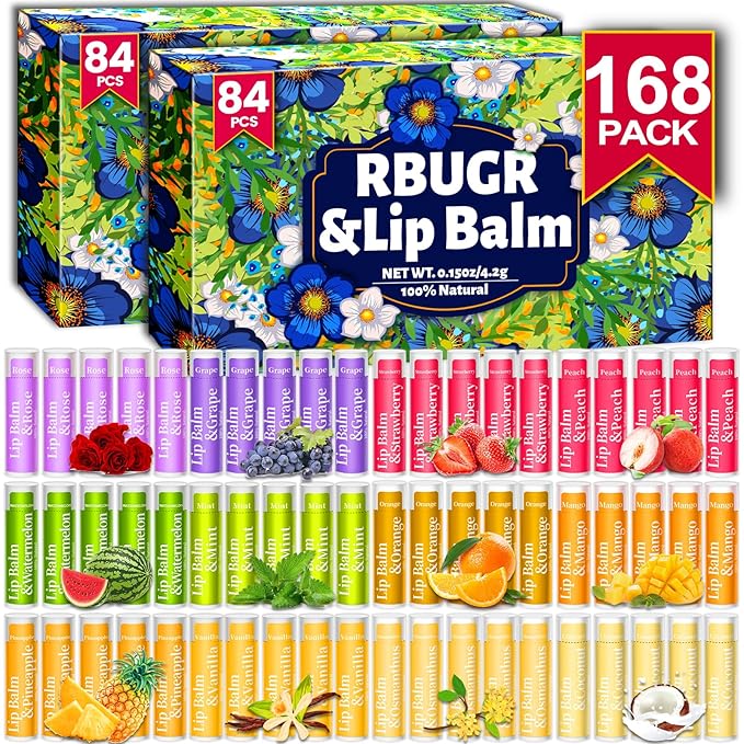 RBUGR 168 Pcs Lip Balm Bulk, 12 Flavored Lip Balm Pack for Women, All Organic Natural Bulk Lip Balms for Dry Cracked Lips, Moisturizing Lip Balms Gift Set(4.2g/0.15oz)