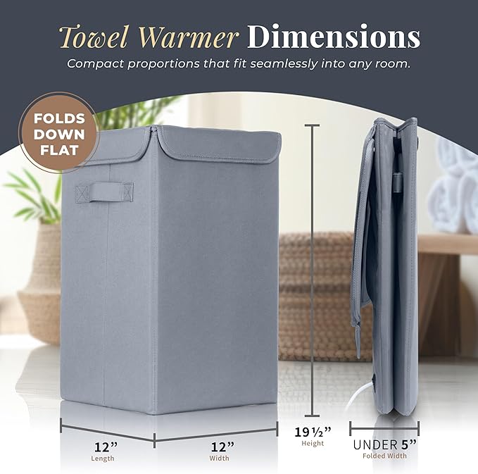 Zadro Foldable Towel Warmer, Folding Heat-Resistant Fabric, XLarge 35 Liter Capacity, Dual Even-Surround Heat Modes, Collapsible Space-Saving Design (Gray, 35L - 19.5"x12"x12")