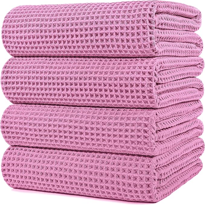 POLYTE 430 GSM Microfiber Oversize Quick Dry Lint Free Bath Towel, 60 x 30 in, 4 Pack (Waffle Weave)