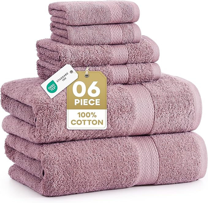 LANE LINEN 100% Cotton Turkish Towels for Bathroom - 6 Piece - Softer & Highly Absorbent - 2 Bath, 2 Wash cloths, 2 Hand Towels - Complete Family Set, Hotel Quality & Gentle on Skin - Wistful Mauve