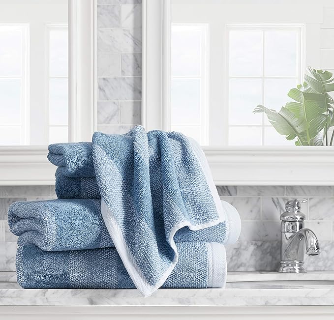 Nautica - Bath Towel Set, Cotton Bath, Hand & Washcloths, Plush, Absorbent & Quick-Dry, Striped Americana Decor, Set of 6, Oak Lake Blue