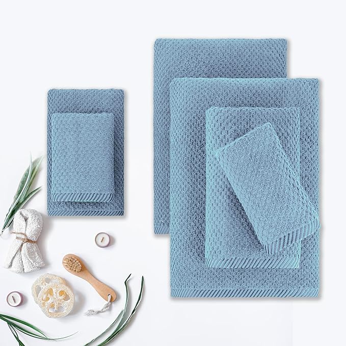 CASA COPENHAGEN Popcorn 6Pcs 100% Egyptian Cotton Large Designer Towels Gift Set- Dusty Blue, 600GSM, 2Bath 2Hand 2Washcloths, Bath Towels for Bathroom Set for Women & Men