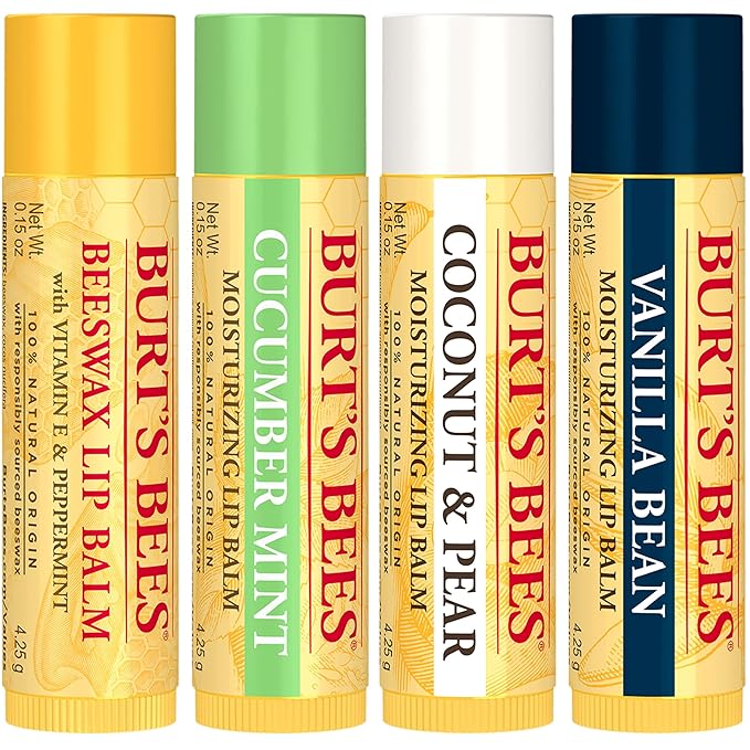 Burt's Bees 100% Natural Moisturizing Lip Balm, Multipack - Original Beeswax, Cucumber Mint, Coconut & Pear and Vanilla Bean with Beeswax & Fruit Extracts - 4 Tubes (Pack of 12)