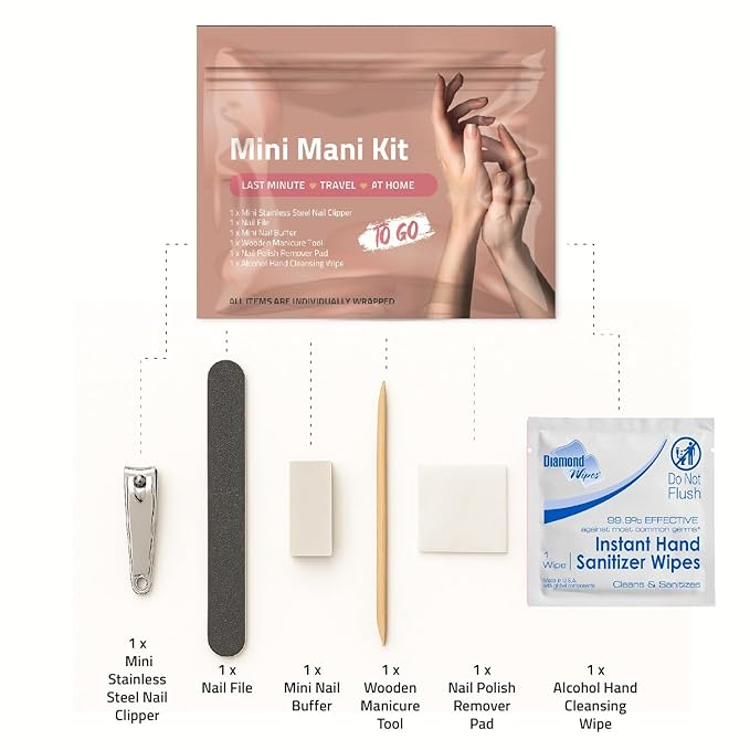 Mini Mani Kit – Disposable Manicure Set with Nail Clipper, File, Buffer, Cuticle Stick & Polish Remover Pad – Compact One-Time Use Nail Care Kit for Travel, Purse, Desk, or Car (Peach)