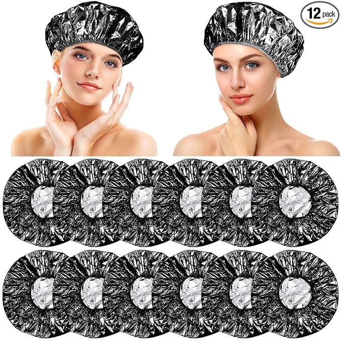 12 Pieces Deep Conditioning Caps Aluminum Foil Reusable Hair Processing Hair Coloring Shower Caps for Home Salon Use(12 Inch,Black)