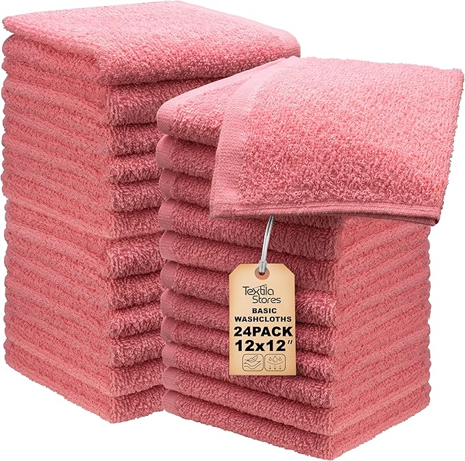 Basic Wash Cloths 12x12 Inches – Bulk Pack of 24 – Rose Pink Color – Soft and Absorbent Multipurpose Cotton Washcloths for Bathroom, Spa, Gym, Salon, Hotel, and Everyday Use