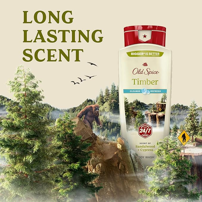 Old Spice Cleansing Body Wash for Men, 24/7 Shower Fresh with Lasting Scent, Cleanse & Refresh, Gentle on Skin, Vitamin B3, Timber with Sandalwood + Cypress Scent, 18 oz (Pack of 4)