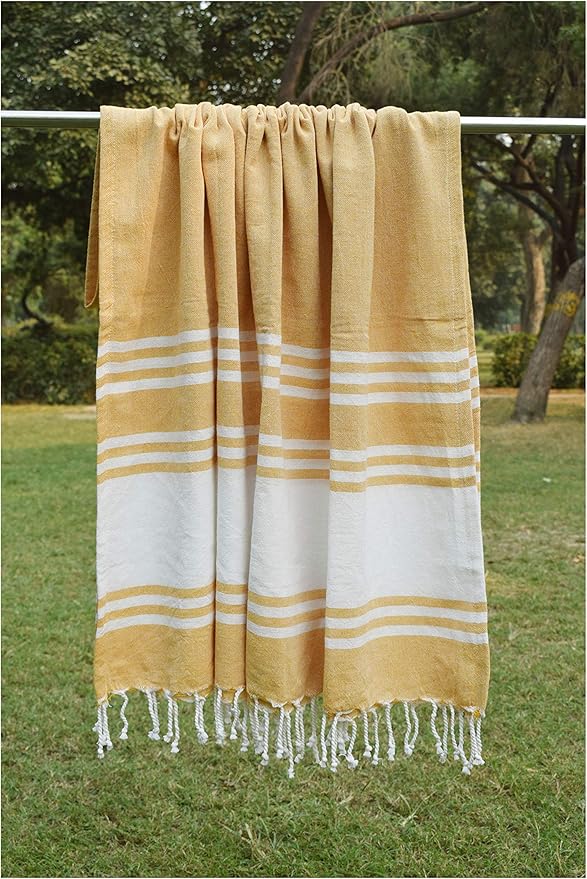 Goroly Home Cotton Turkish Peshtemal Beach Towel, Extra Large, Thin Quick Dry Sand Free Pool & Swim Towel, Bathing Blanket, Travel Essentials, (Mustard, 36x71 Inches)