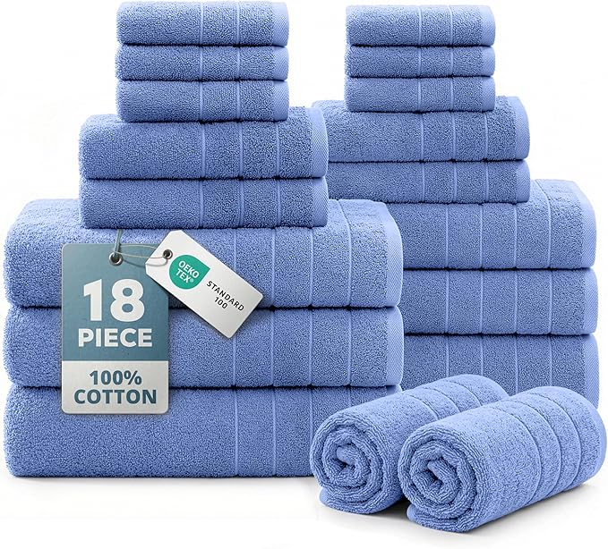 Casa Platino Cotton Bath Towel 18 Piece Set - Super Soft, Quick Dry & Absorbent - 6 Bath, 6 Washcloths, 6 Hand Towels for Bathroom - Hotel Quality & Suitable for Family - Cerulean Blue