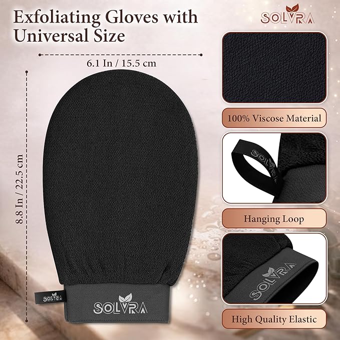 Exfoliating Gloves –100% Vegan Viscose Kessa Mitt for Dead Skin Removal, Self-Tan Fade, and Keratosis Pilaris – Dual-Texture Glove for Spa & Massage (2 Pack,Black/Orange)