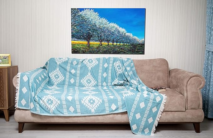 Bersuse 100% Cotton Belize XL Throw Blanket Turkish Towel Beach Blanket - Beach Camping Essentials - 75x90 Inches, Aqua