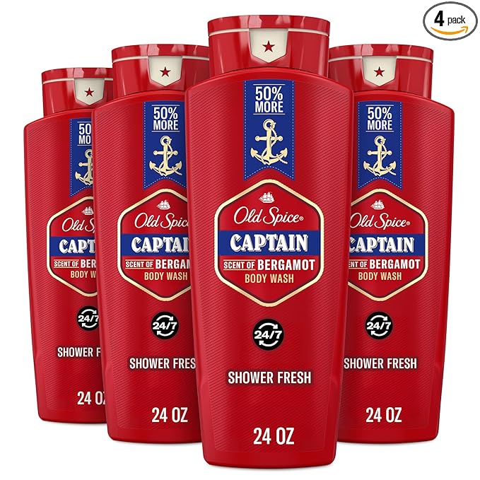 Old Spice Refreshing Body Wash for Men, 3X Defense, 24/7 Shower Fresh with Long Lasting Scent, Red Collection, Captain with Bergamot Scent, 24 oz (Pack of 4)