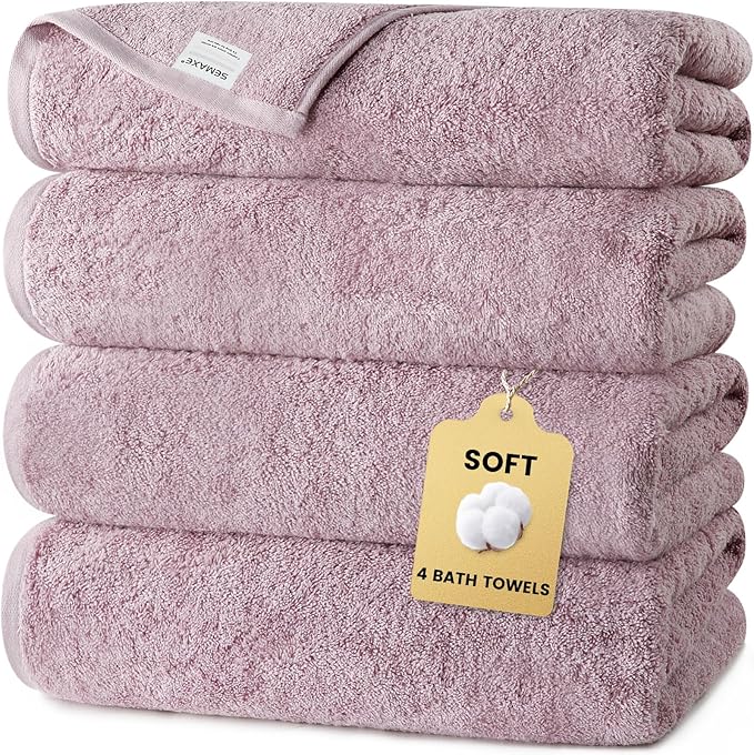 SEMAXE 4 Piece Purple Bath Towel Set for Bathroom, 100% Cotton Bath Towels with Hanging Loop, 55 x 27 Inch, Soft Absorbent & Quick Dry, for Home