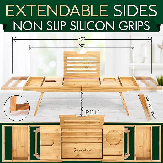 SereneLife Bath Caddy Breakfast Tray Combo - Natural Bamboo Wood Waterproof Tub and Bed with Folding Slide-Out Arms, Device Grooves, Wine Glass Soap Holder