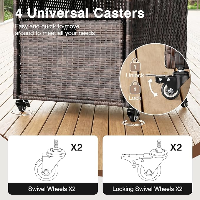 HOMREST Outdoor Pool Towel Rack with Storage Cabinet, Waterproof PE Rattan Wicker Poolside Towel Organizer with Shelves & Drawer, Rolling Wheels Towel Valet Caddy for Patio, Hot Tub, Spa,Brown