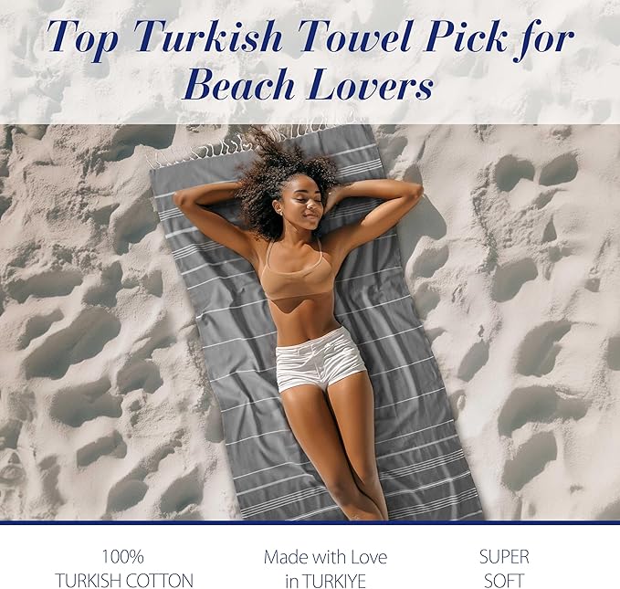 Cacala Lightweight and Thin Turkish Beach Towel 100% Cotton Sand-Free and Quick-Drying Goodness Perfect as an Extra Large Travel Towel, Beach Accessory, or Gift for Beach Lovers, 37 x 70