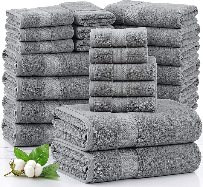 LANE LINEN Luxury 24 PCs Bath Towels Set - 100% Ring Spun Cotton Towels for Bathroom - Quick Dry, Soft & Absorbent, Perfect for Kids, Guest & Everyday Use - Oeko Tex Certified -Space Grey