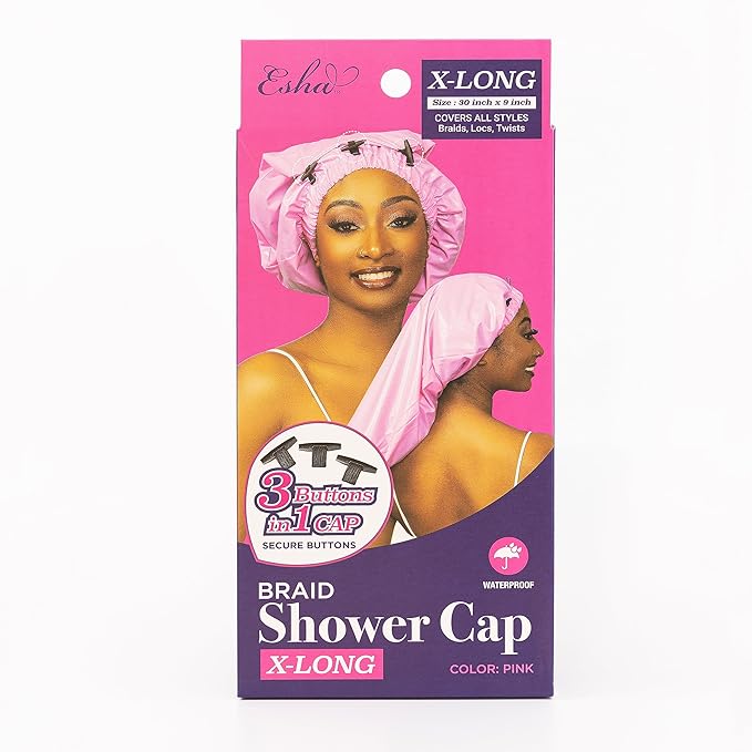 Esha Girl - Shower Cap for Extra Long Hair, Braids, Locs, Twists – Waterproof – Snug Fit Guarantees No Leaks – Easy Button Up (Pink, X-Long (30" x 9"))