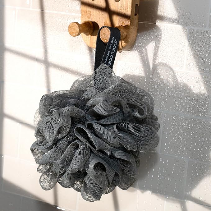 EcoTools Charcoal EcoPouf, Loofah Sponge for Bath & Shower, Infused Pouf, Recycled Netting, Exfoliation Removes Dead Skin, Eco-Friendly Bath Accessory, Cruelty-Free, Color May Vary, 1 Count (60g)
